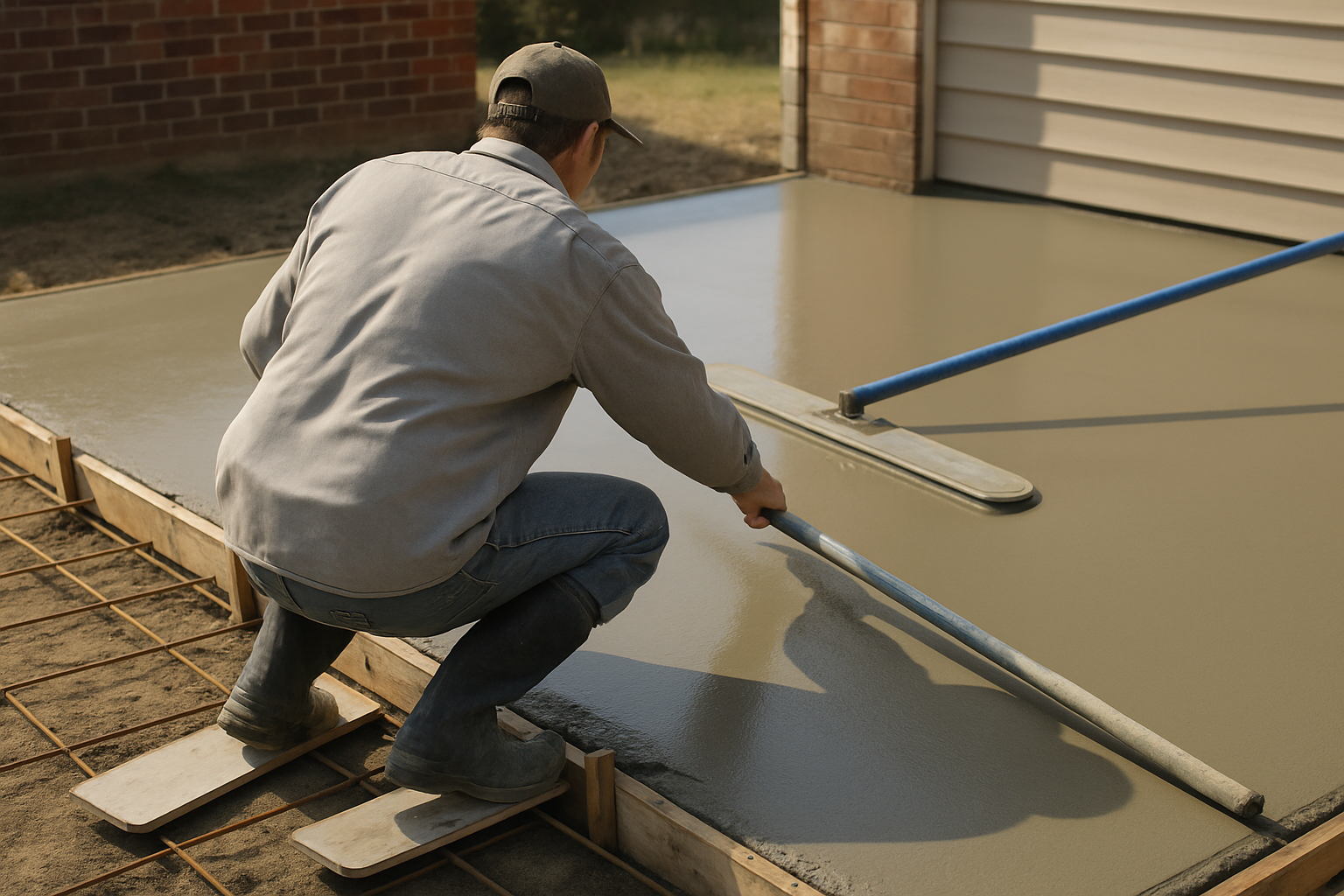 A concrete finisher smoothing a freshly poured slab