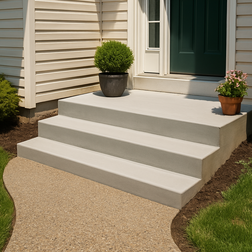 New concrete steps and an exposed aggregate walkway