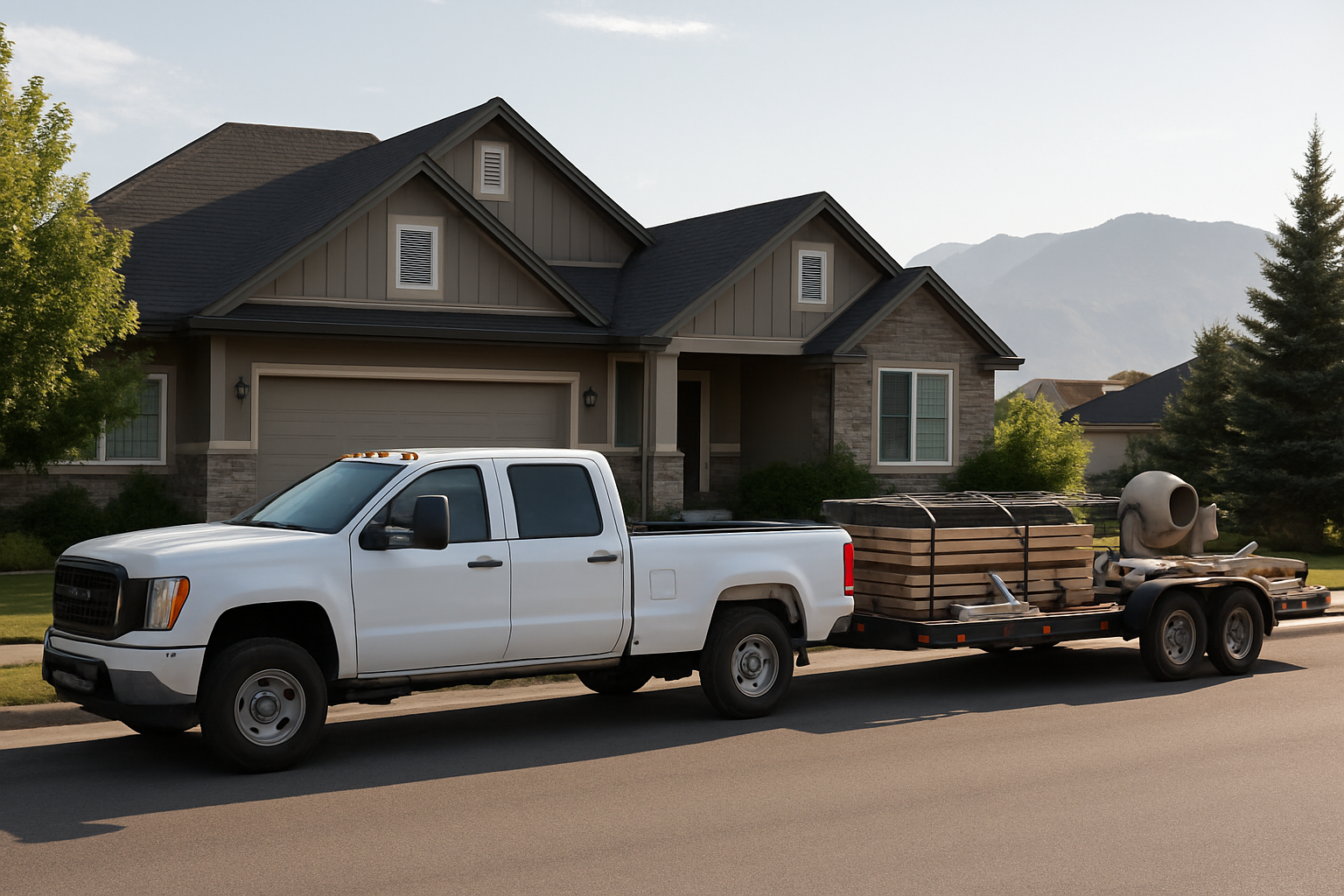 A concrete company work truck and trailer loaded with forms and rebar