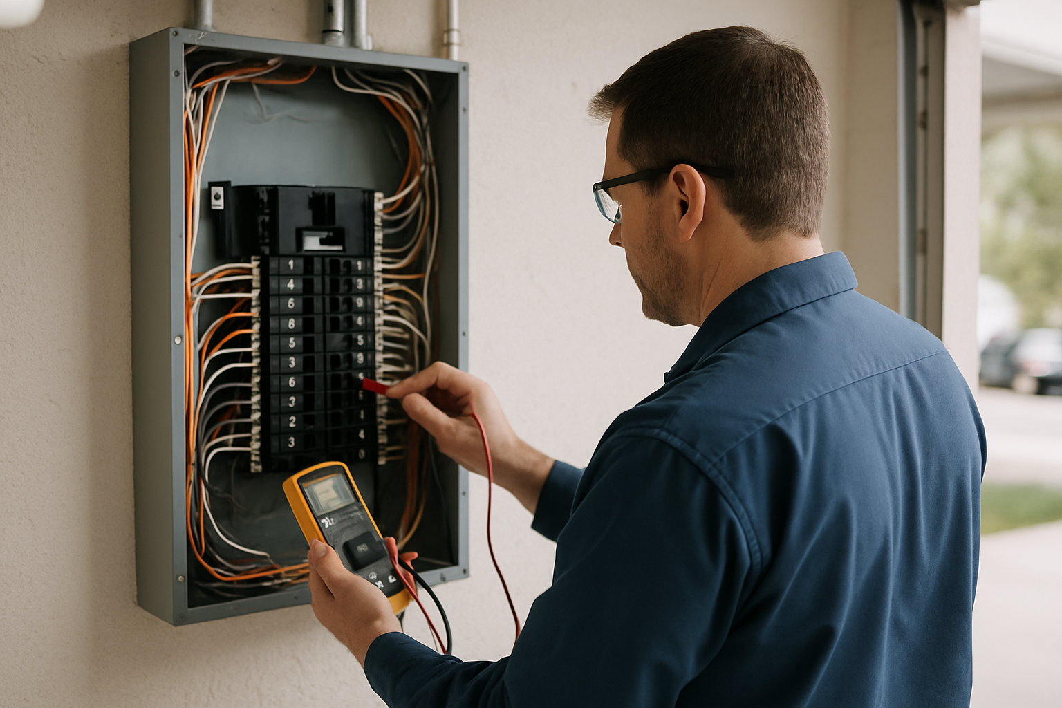 An electrician testing a breaker panel
