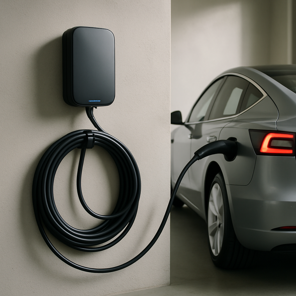 A wall-mounted EV charger in a home garage