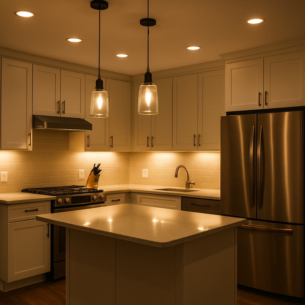 A kitchen with new recessed and pendant lighting