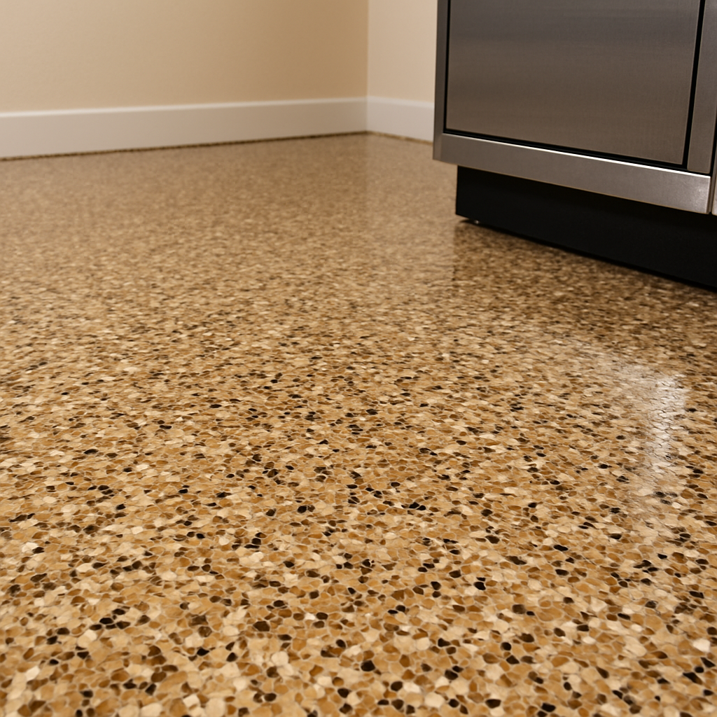 A glossy full-flake garage floor coating