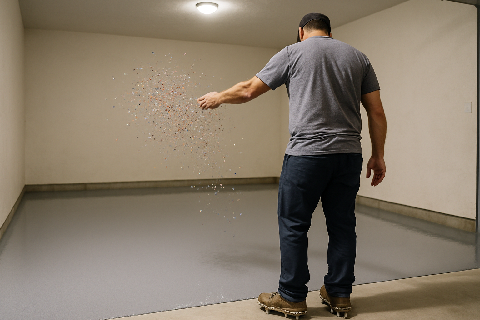An installer broadcasting flakes onto an epoxy base coat
