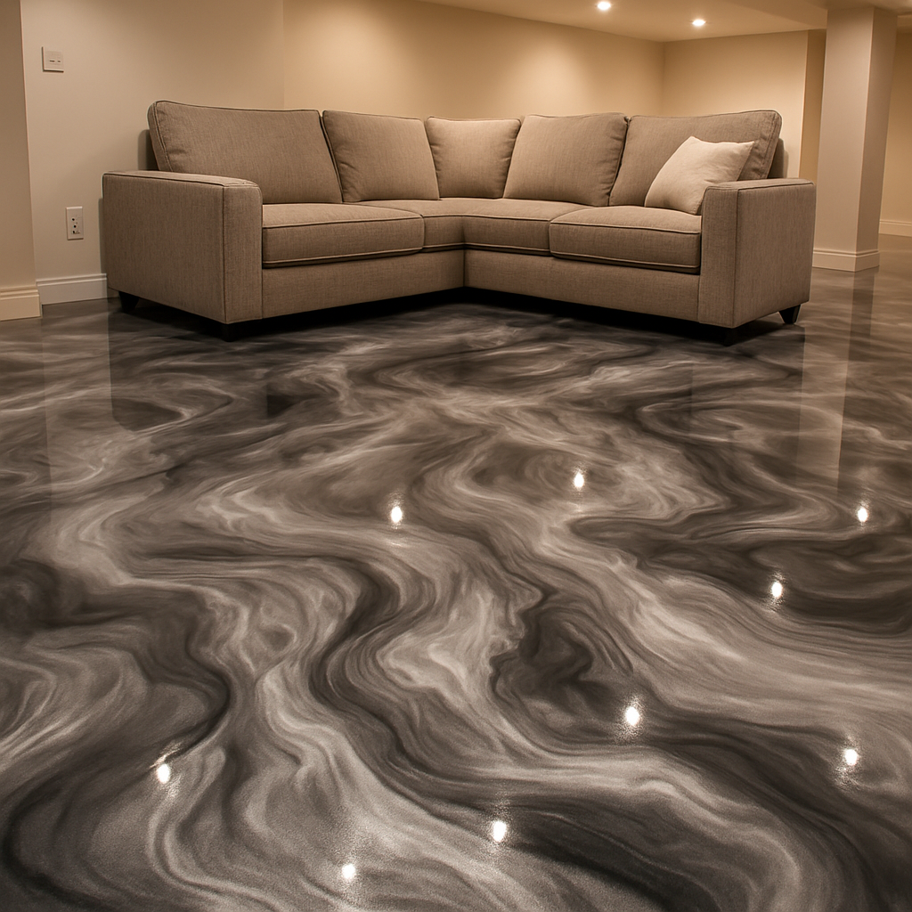 A swirling metallic epoxy floor in a basement