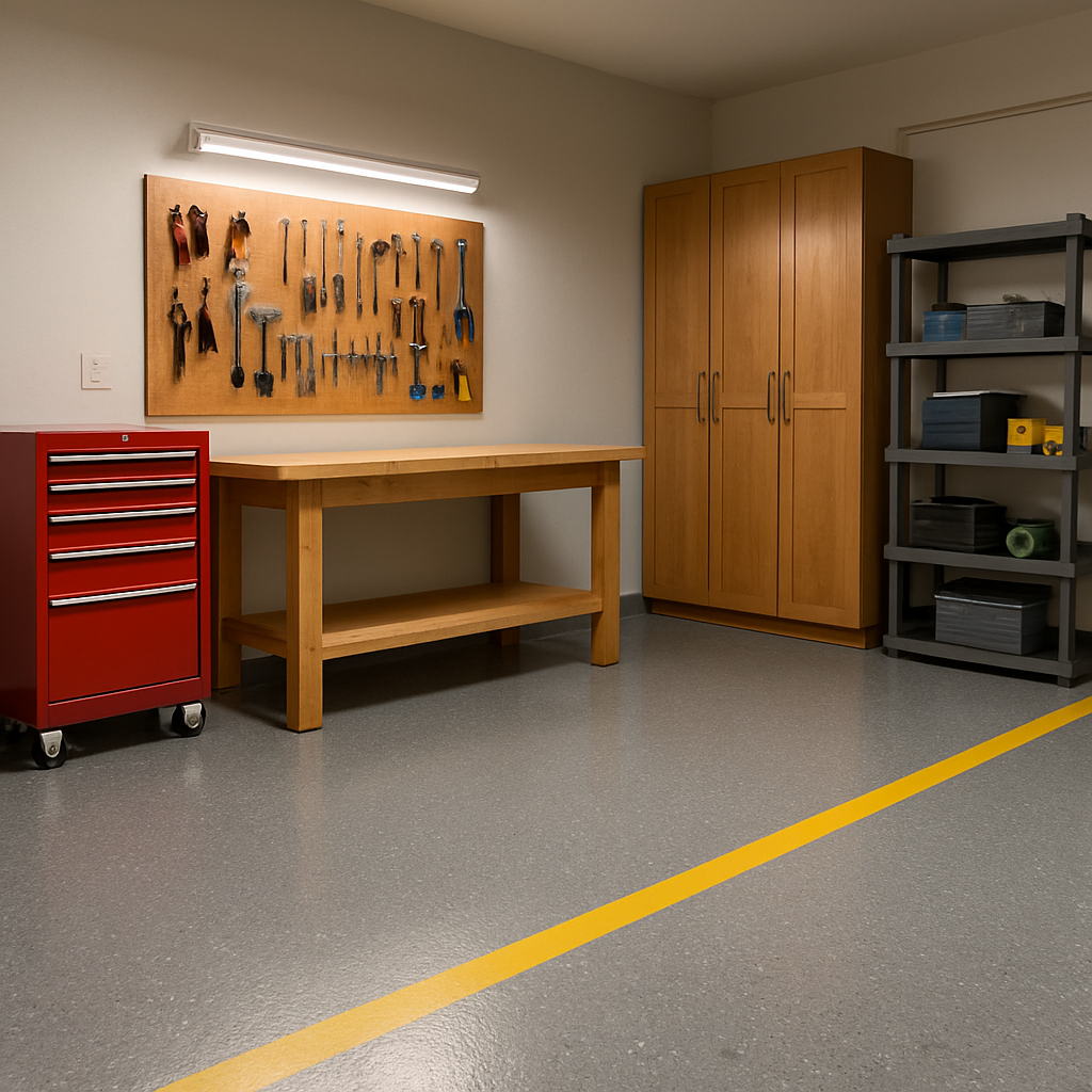 A coated workshop floor with a safety line
