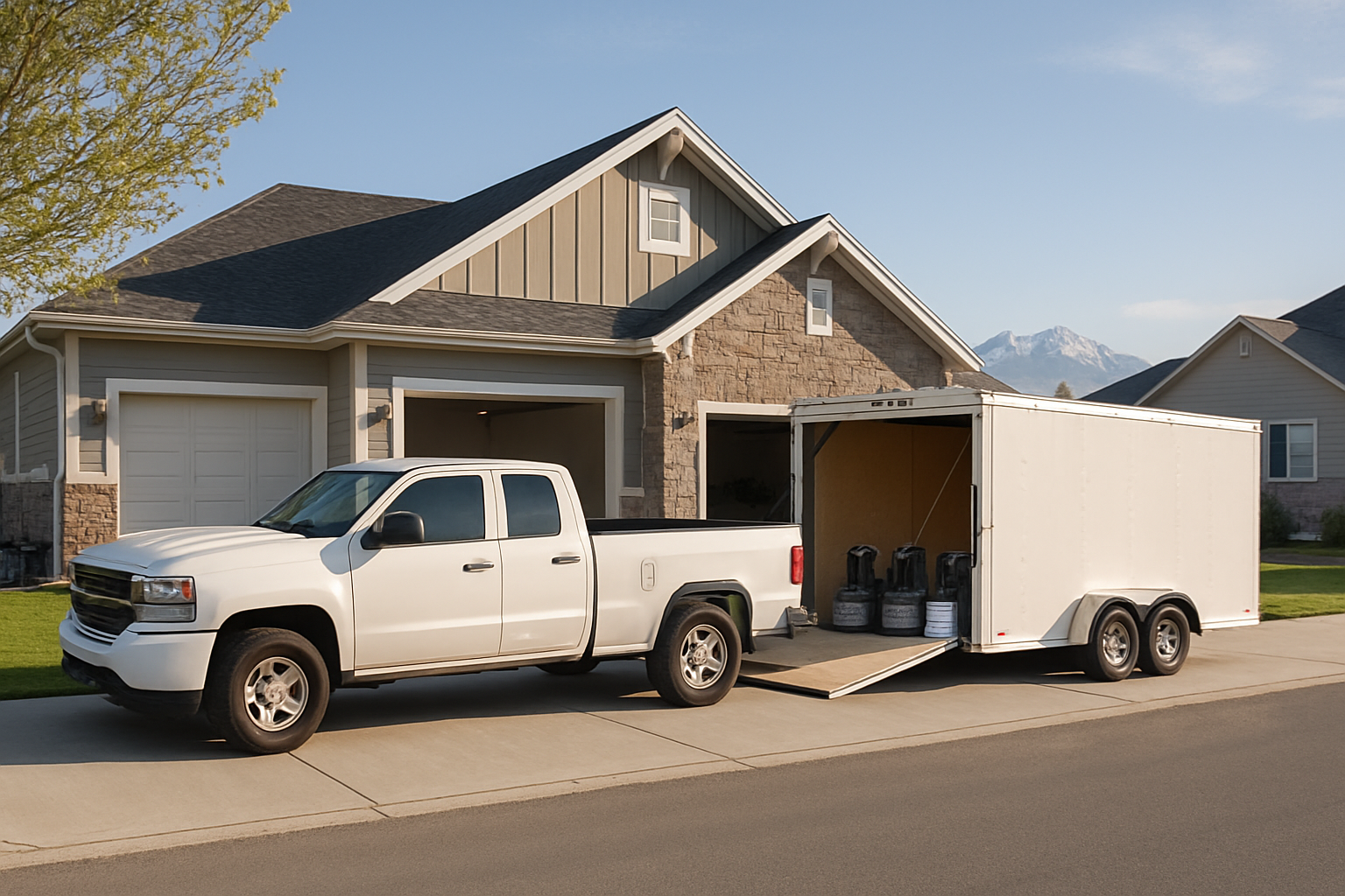 A floor coating company truck and trailer in front of a home