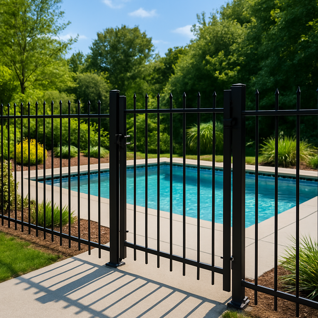 A black ornamental aluminum fence around a pool