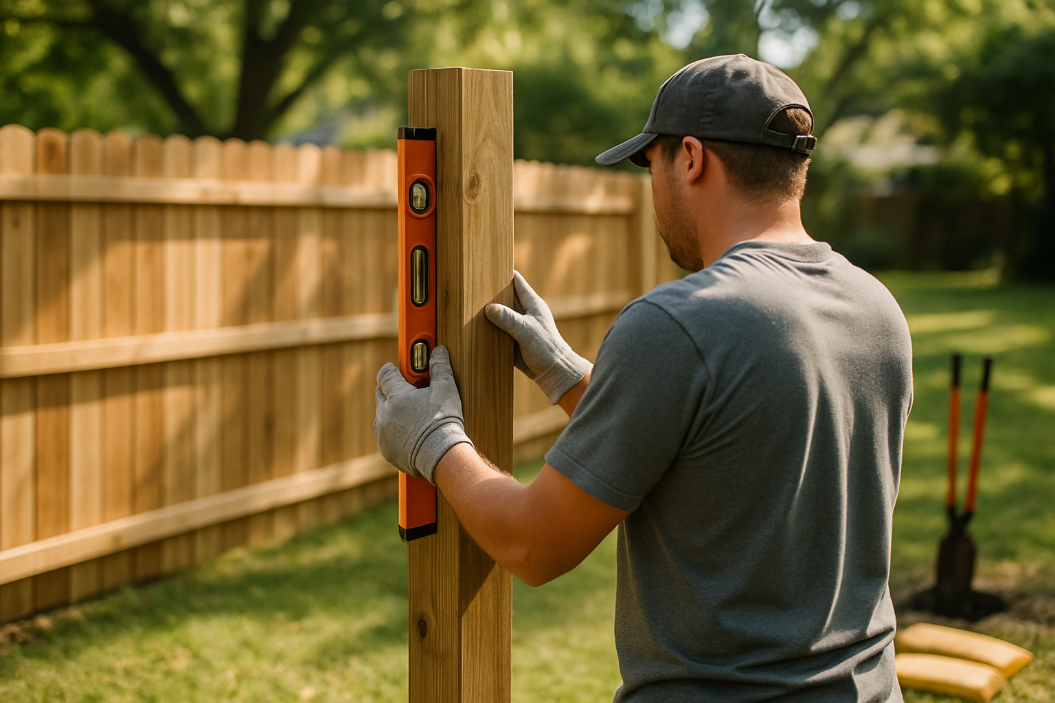 A fence installer leveling a new fence post