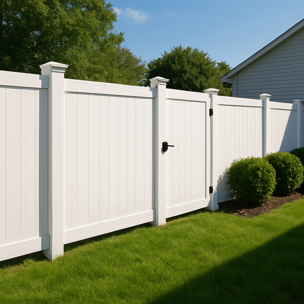 A white vinyl privacy fence with a walk gate