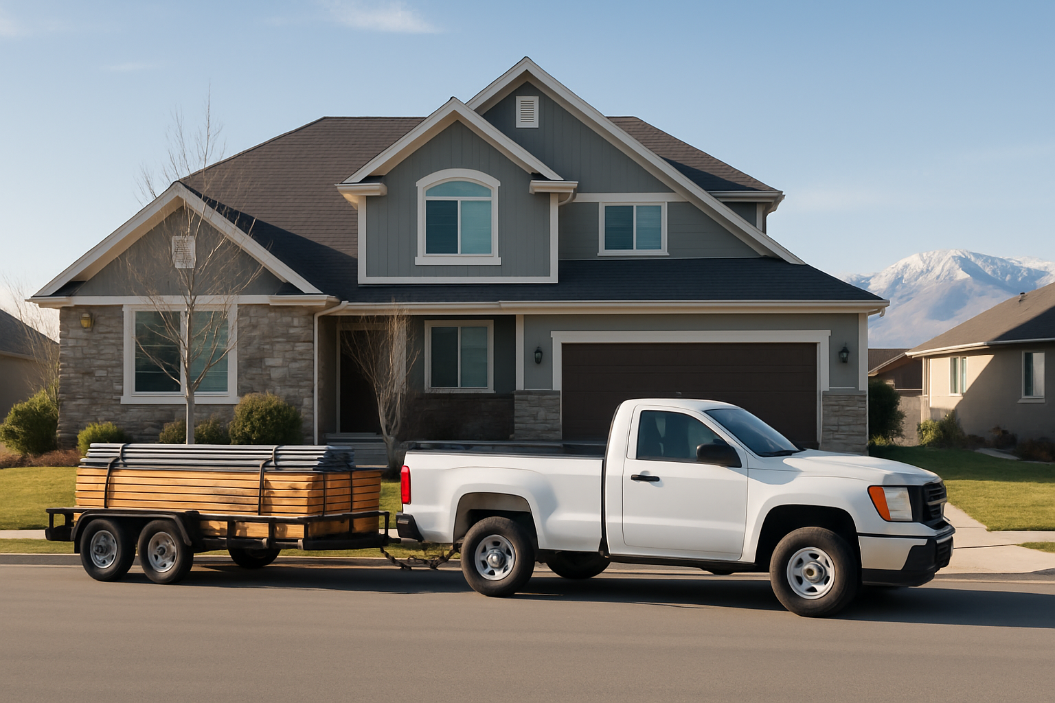 A fence company work truck and trailer loaded with fence materials