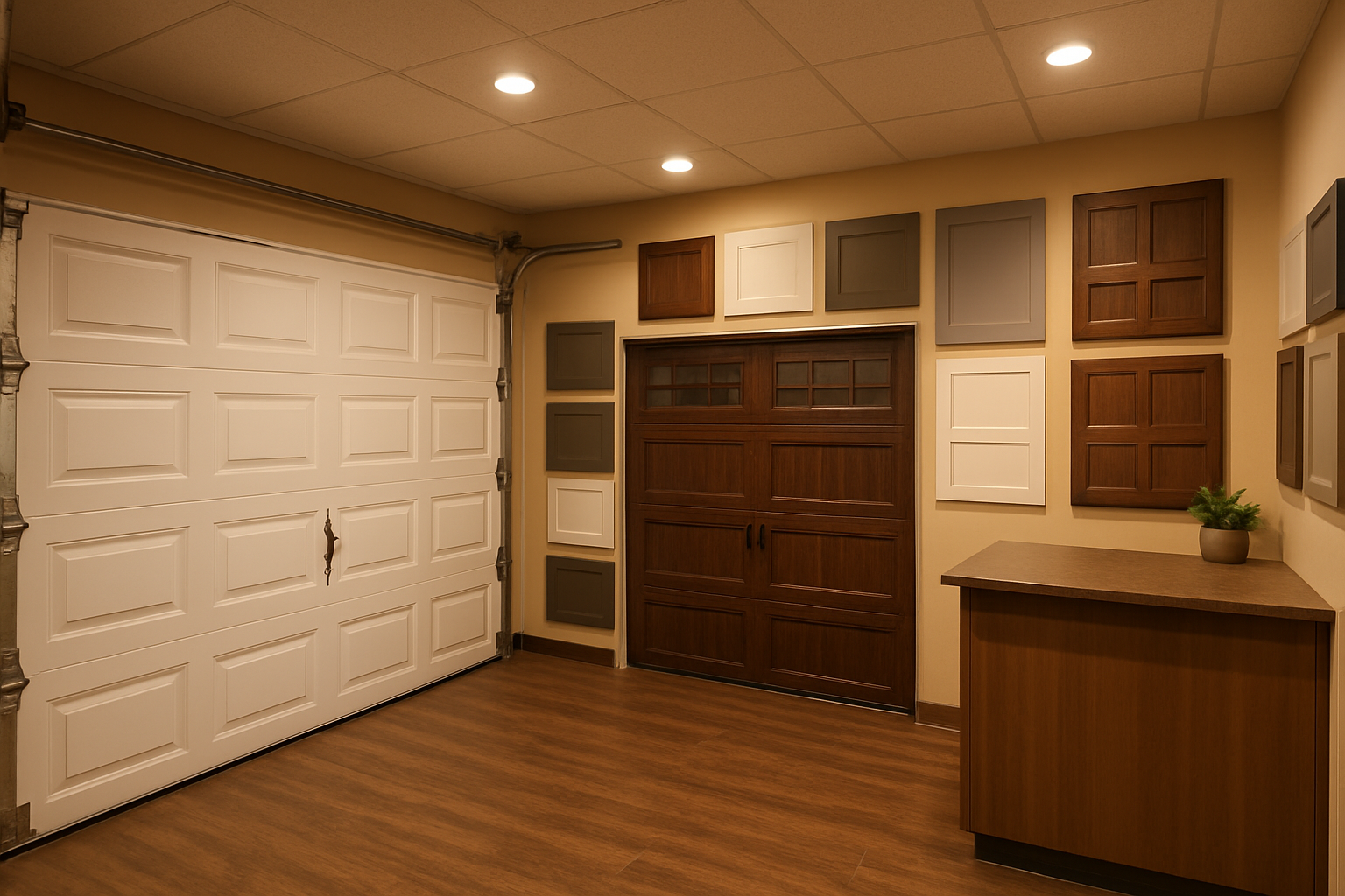 Garage door showroom with door sections on display
