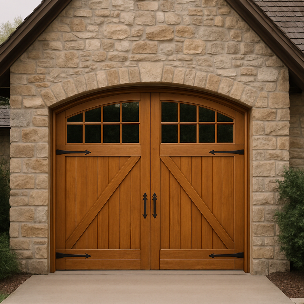 A stone home with a wood-look carriage house garage door