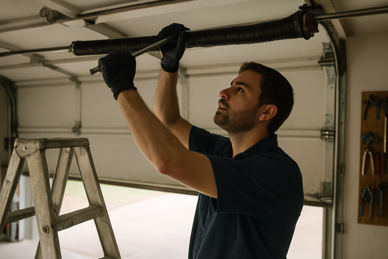 A technician adjusting the torsion spring above a garage door