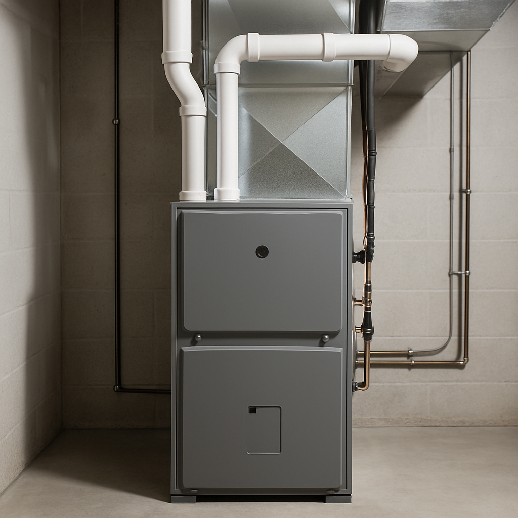 A new high-efficiency furnace in a utility room