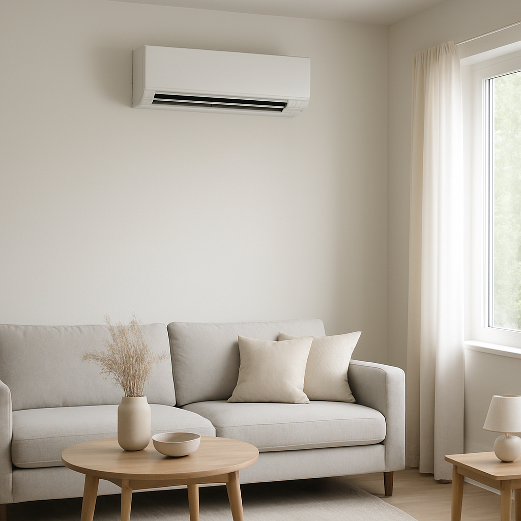 A ductless mini-split heat pump in a living room
