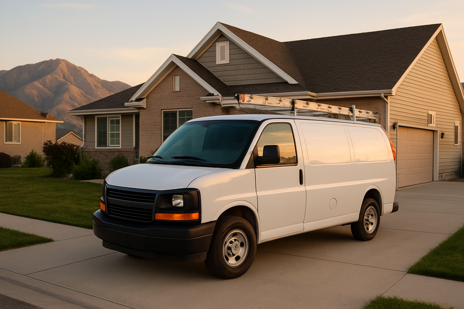 An HVAC service van parked in a home driveway