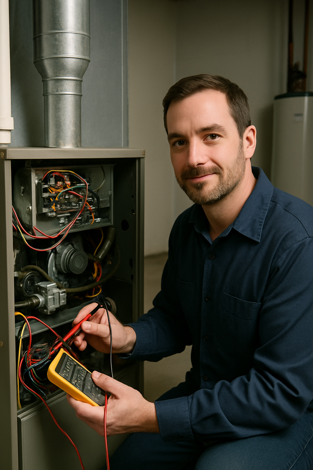 A technician repairing a furnace control board