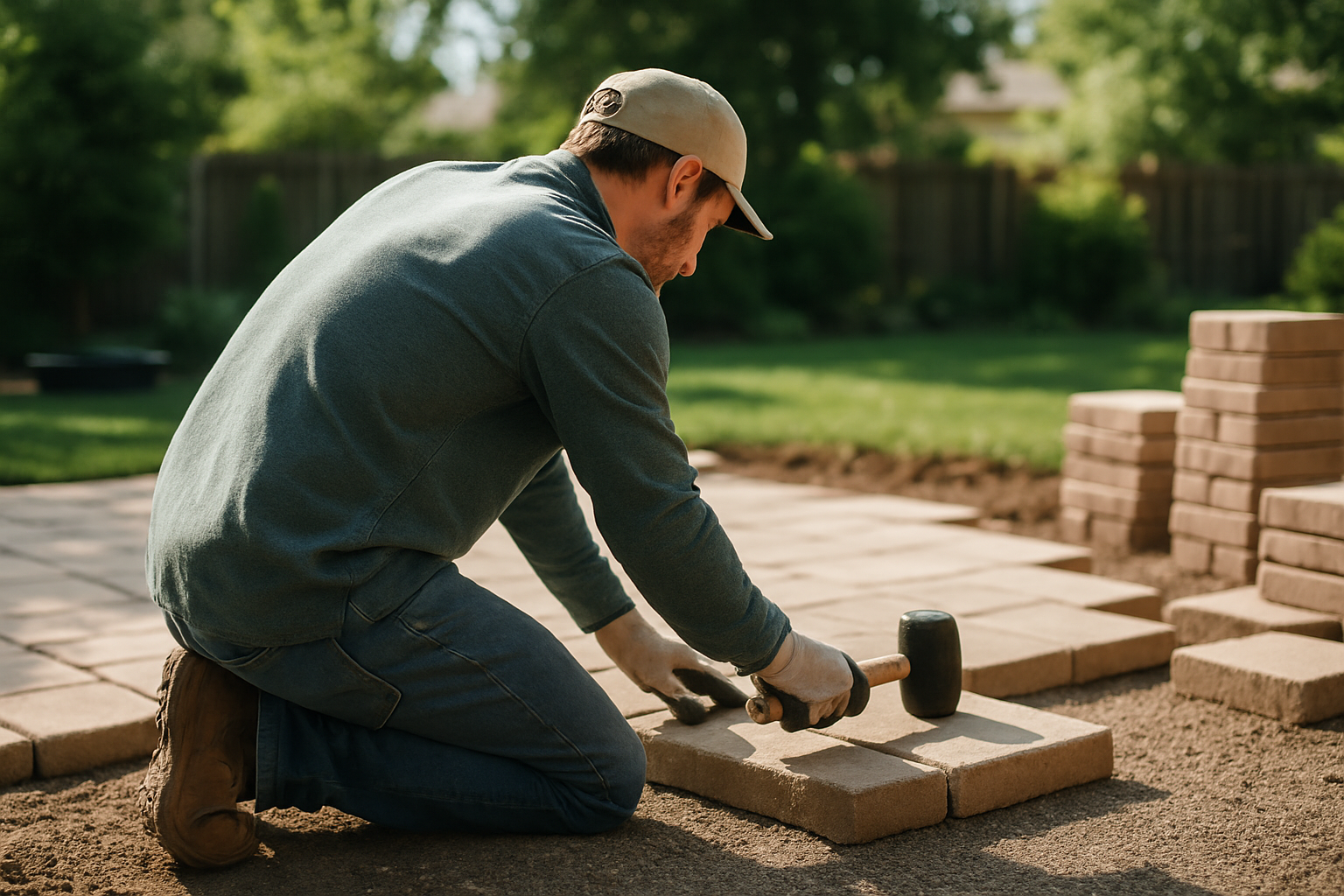 A landscaper setting pavers for a new patio