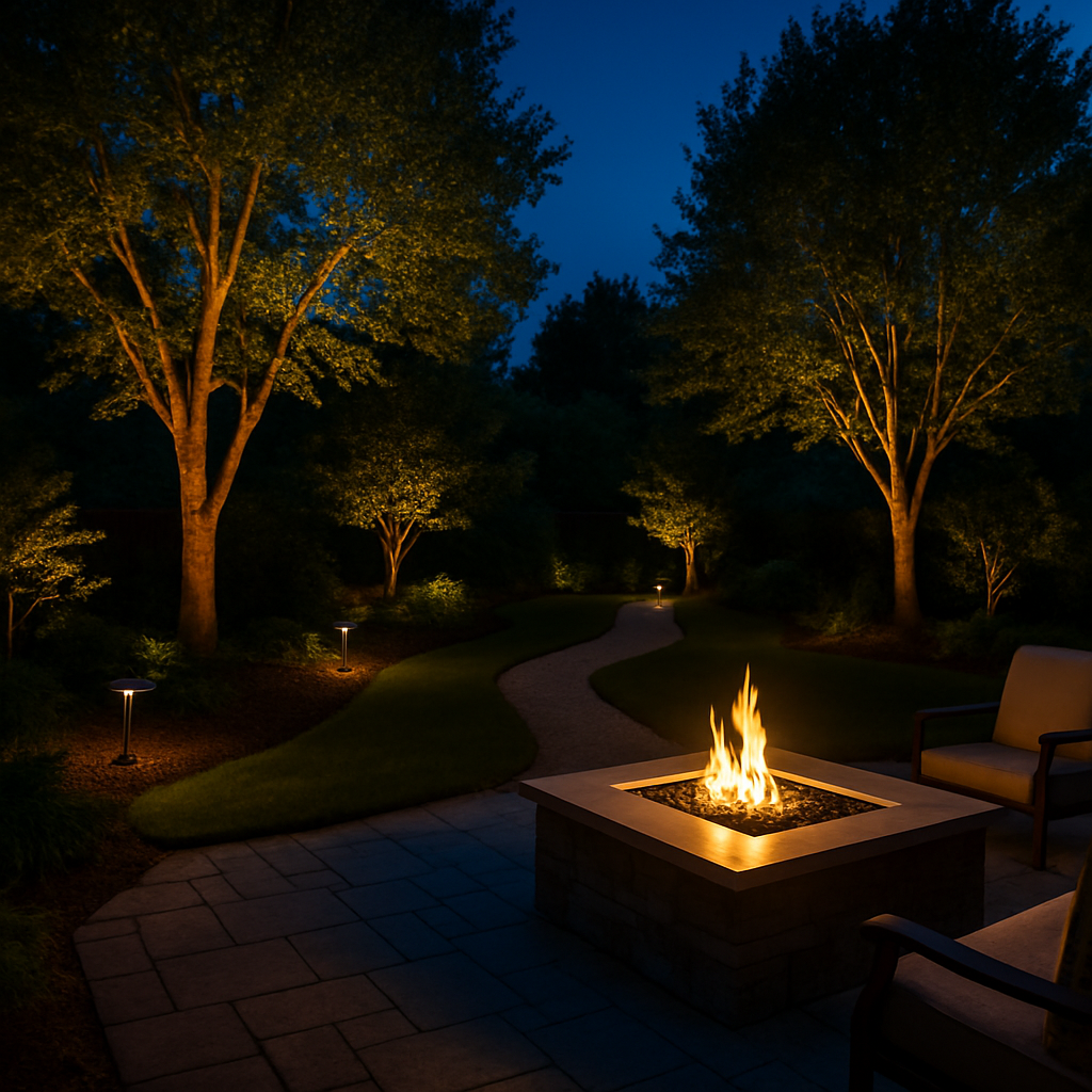 Landscape lighting and a fire table in a backyard at dusk