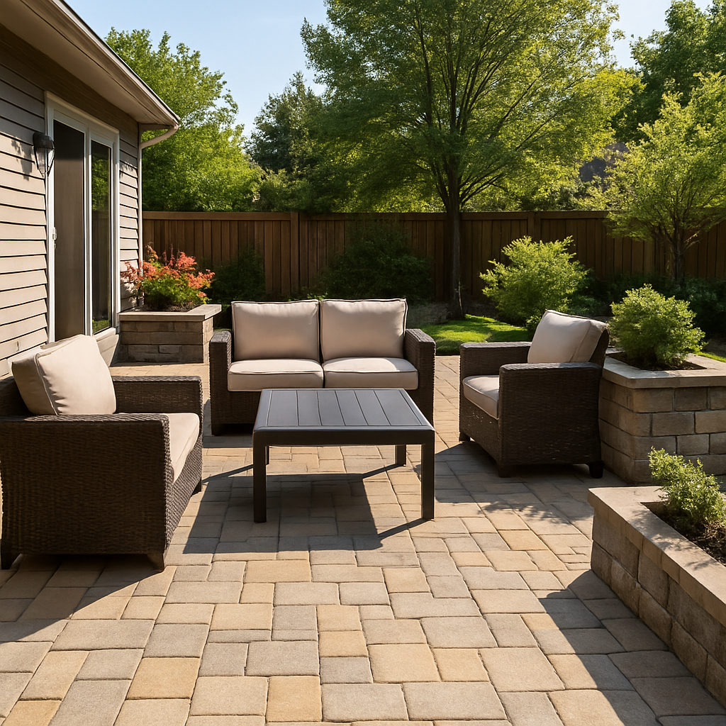 A modern paver patio with a seat wall