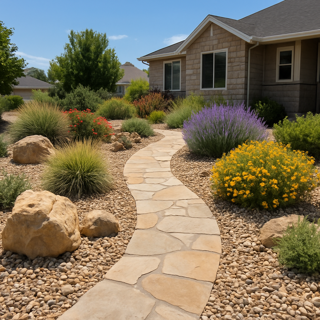 A water-wise front yard with rock, grasses, and flowering shrubs