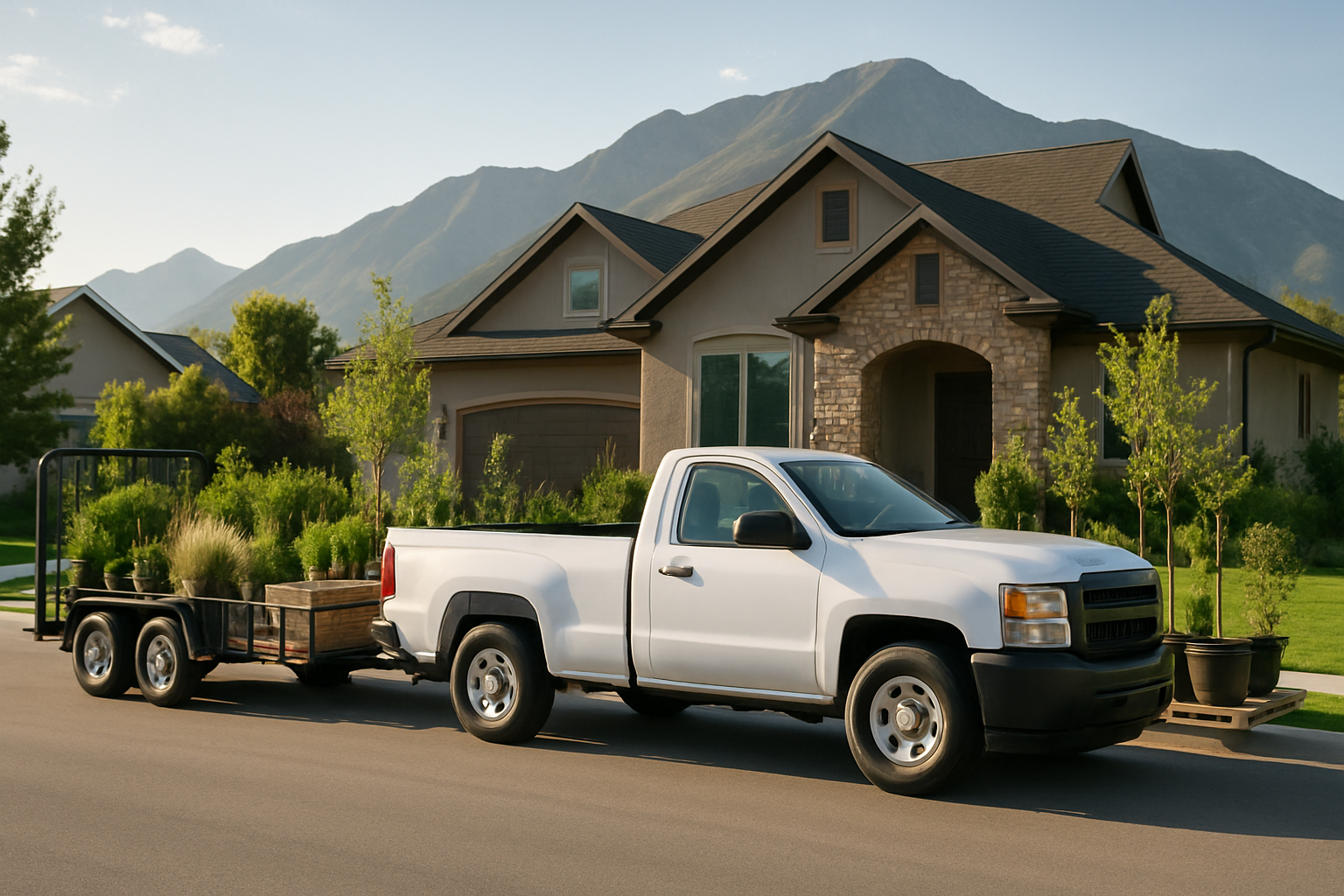 A landscaping truck and trailer loaded with plants and pavers