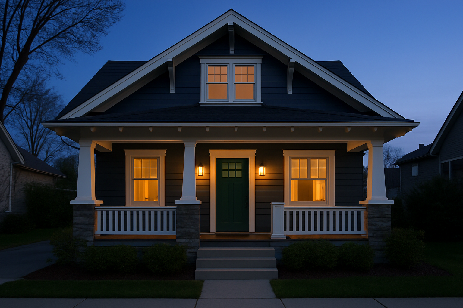 A freshly painted home at dusk