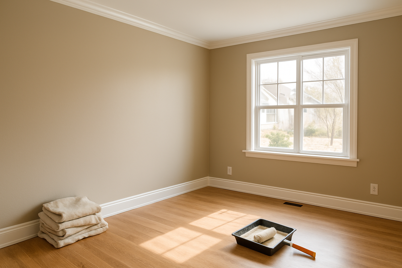 A freshly painted living room with white trim