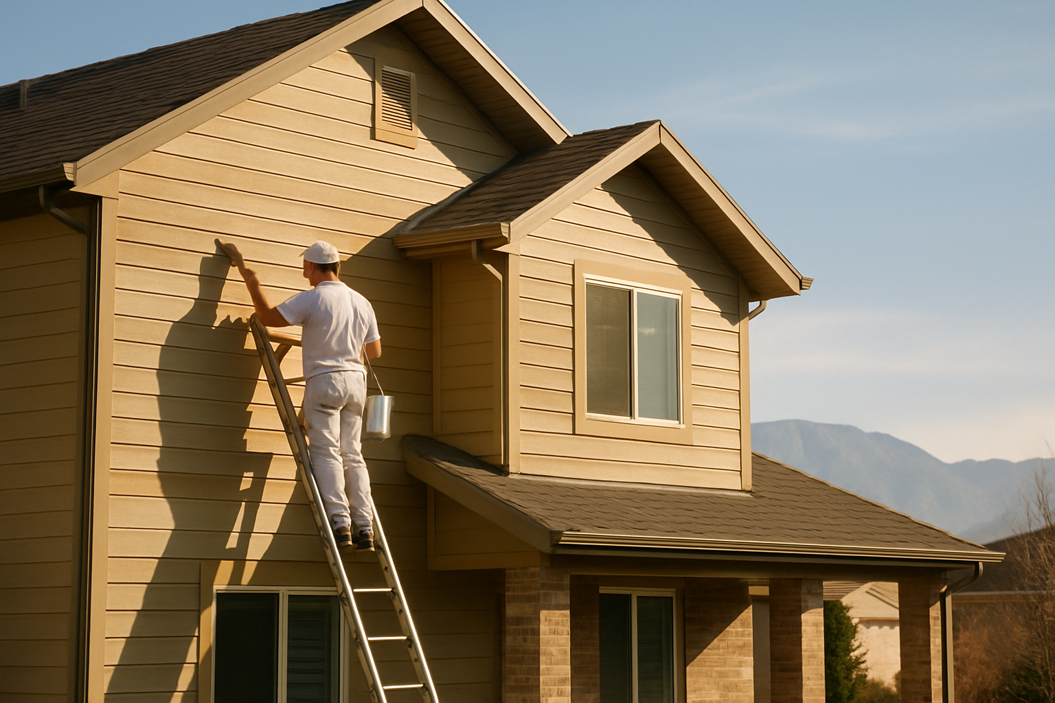 A painter on a ladder painting exterior siding