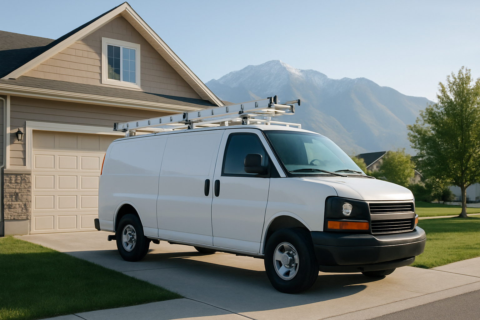 A plumbing service van parked in a home driveway