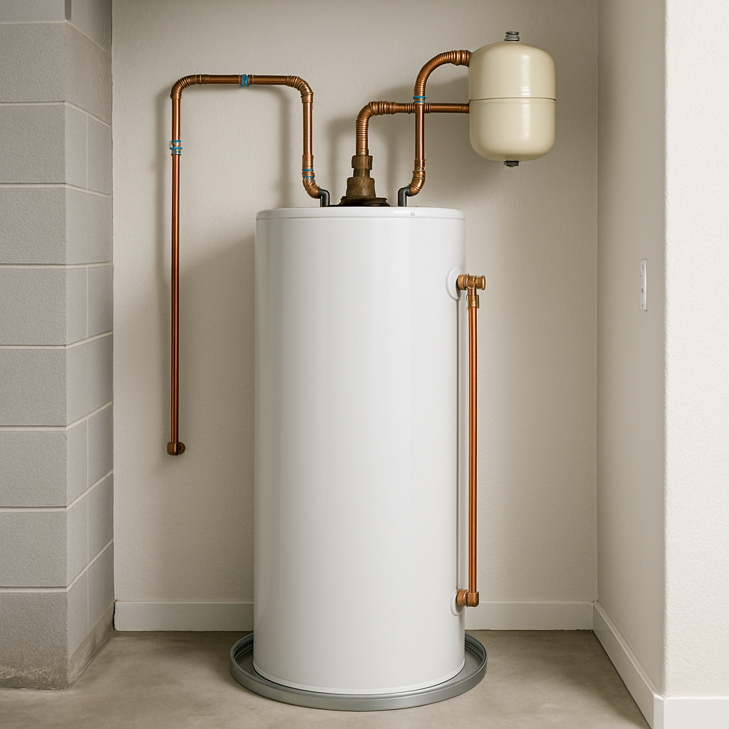 A tank water heater installed in a garage