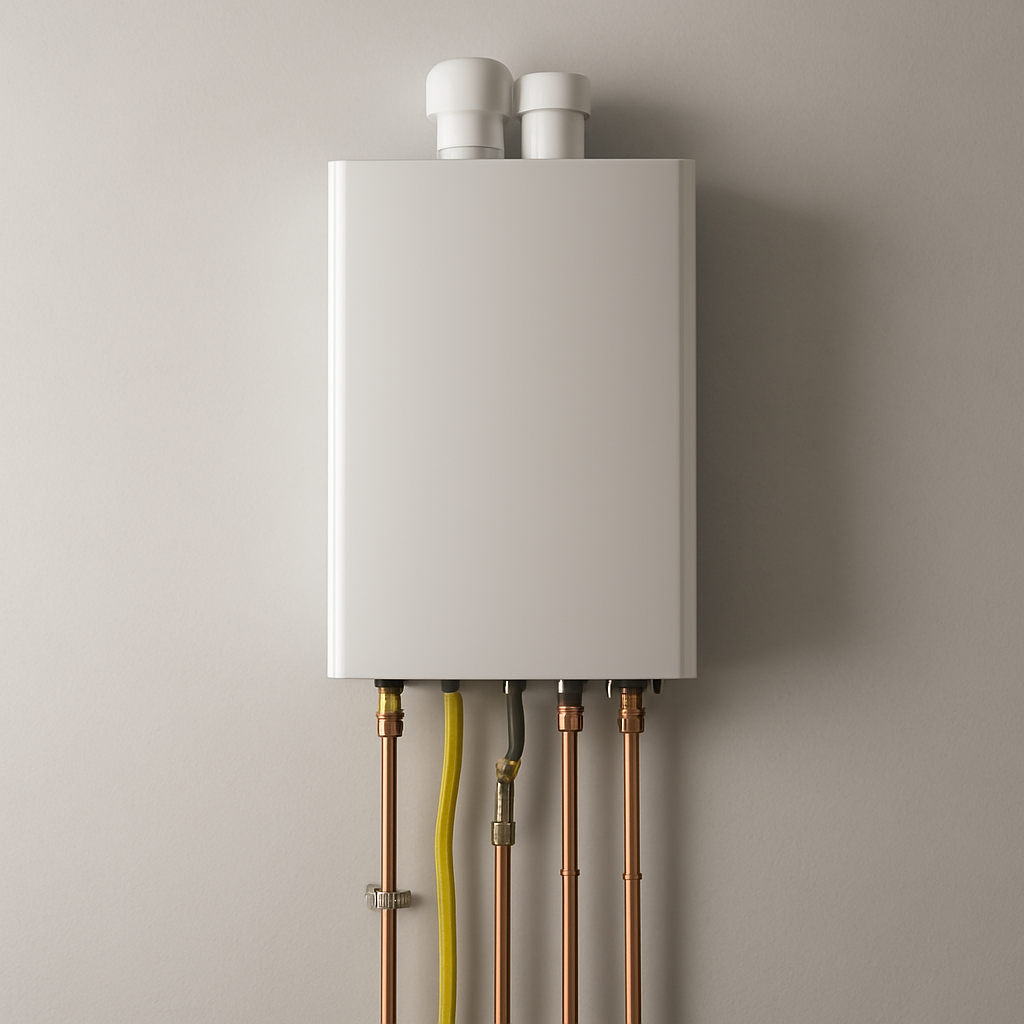 A wall-mounted tankless water heater