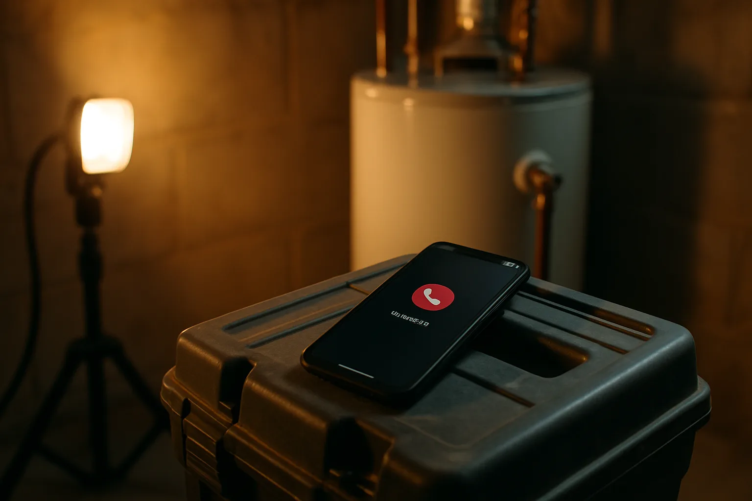 A plumber's phone on a toolbox showing a missed call