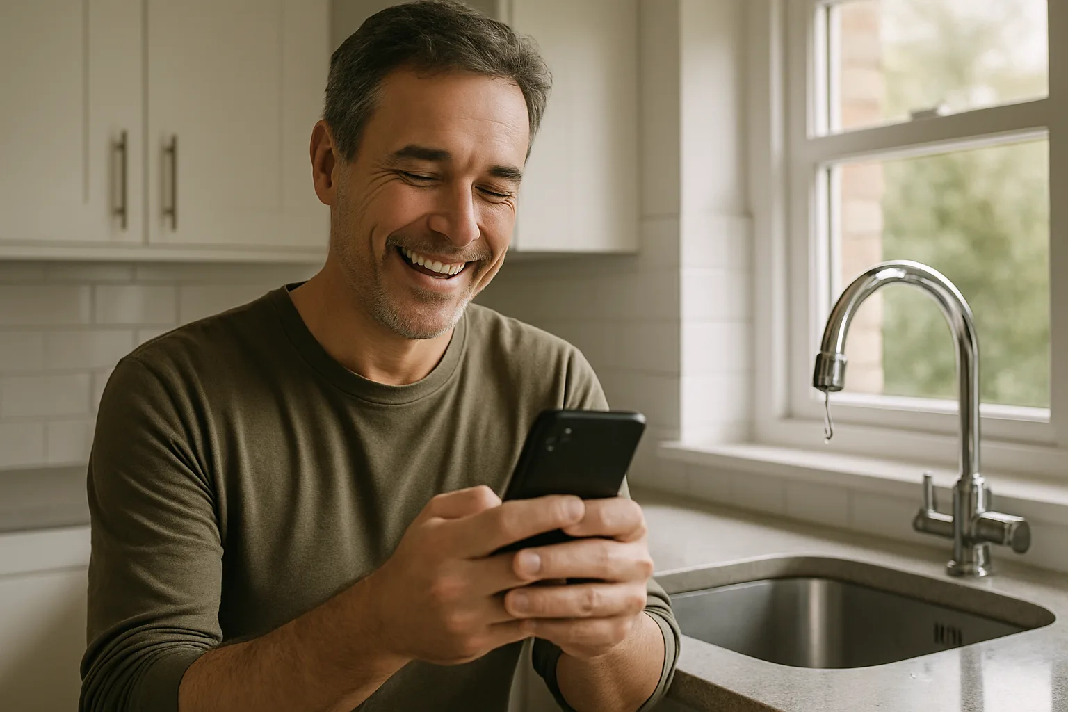 A homeowner reading a text message in the kitchen