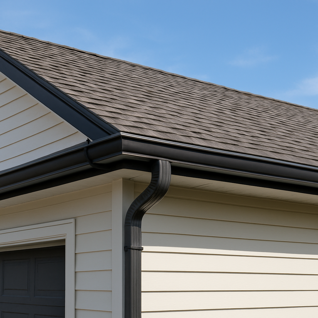New seamless gutters along a roof edge