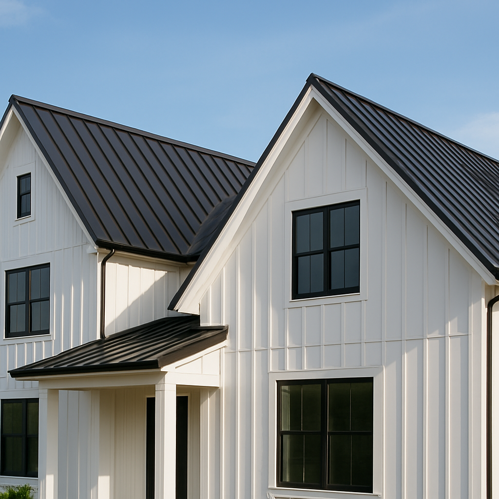 A standing seam metal roof on a modern home