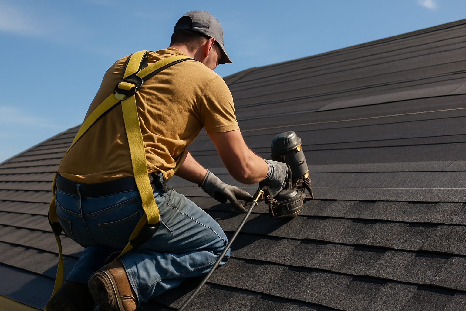 A roofer installing new shingles