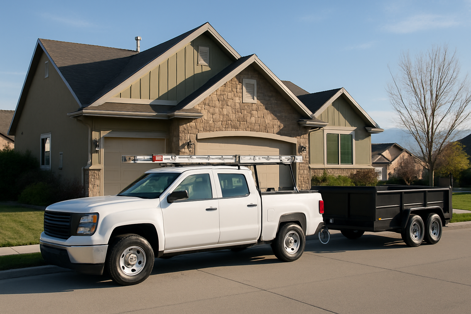 A roofing company work truck with ladders in front of a home